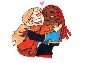 scanned marker and pen drawing. puffer (left) and clarissa (right) give each other a big hug.