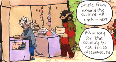 snip of a panel from Episode 9, Chaar explaining the culture fair. "People from around the country all gather here. it's a way for the country to not feel so... disconnected."