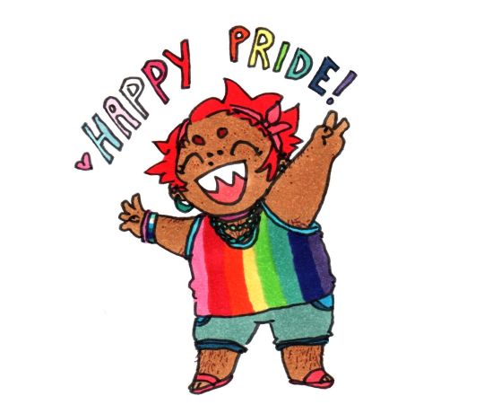 small drawing of Hana from the webcomic Kings of Sorts in a rainbow tank top happily yelling “happy pride” at you.